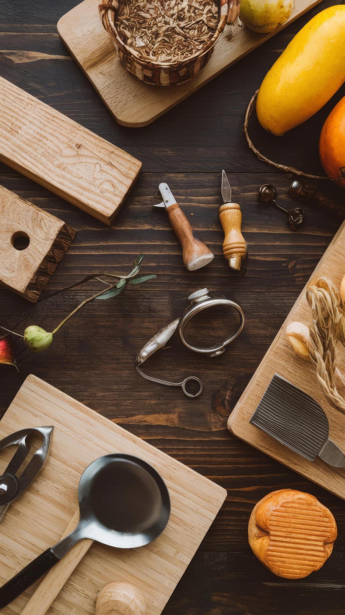 Workshop kitchen with wooden table and ingredients