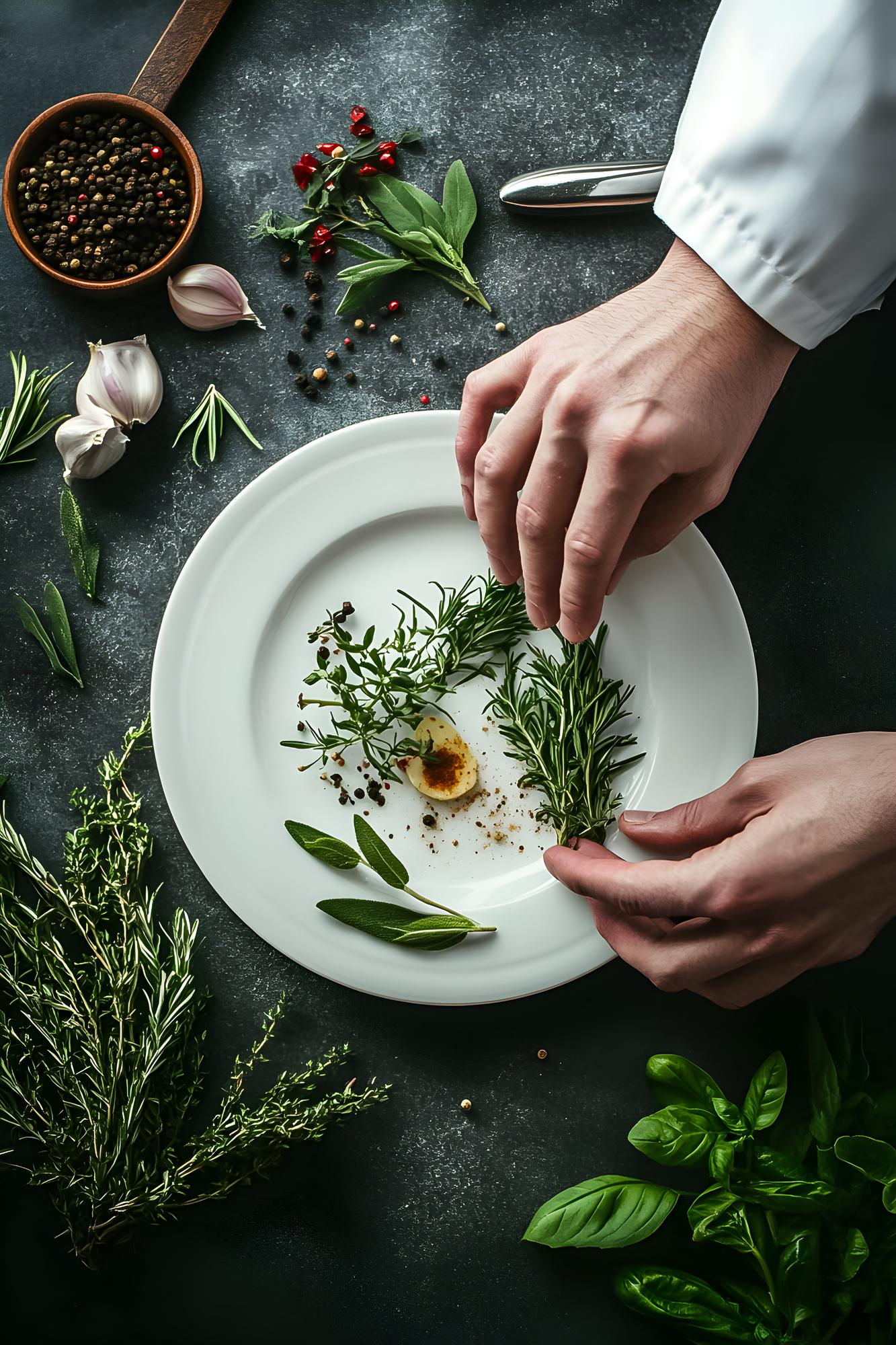 Chef plating a rustic dish with herbs and sauces